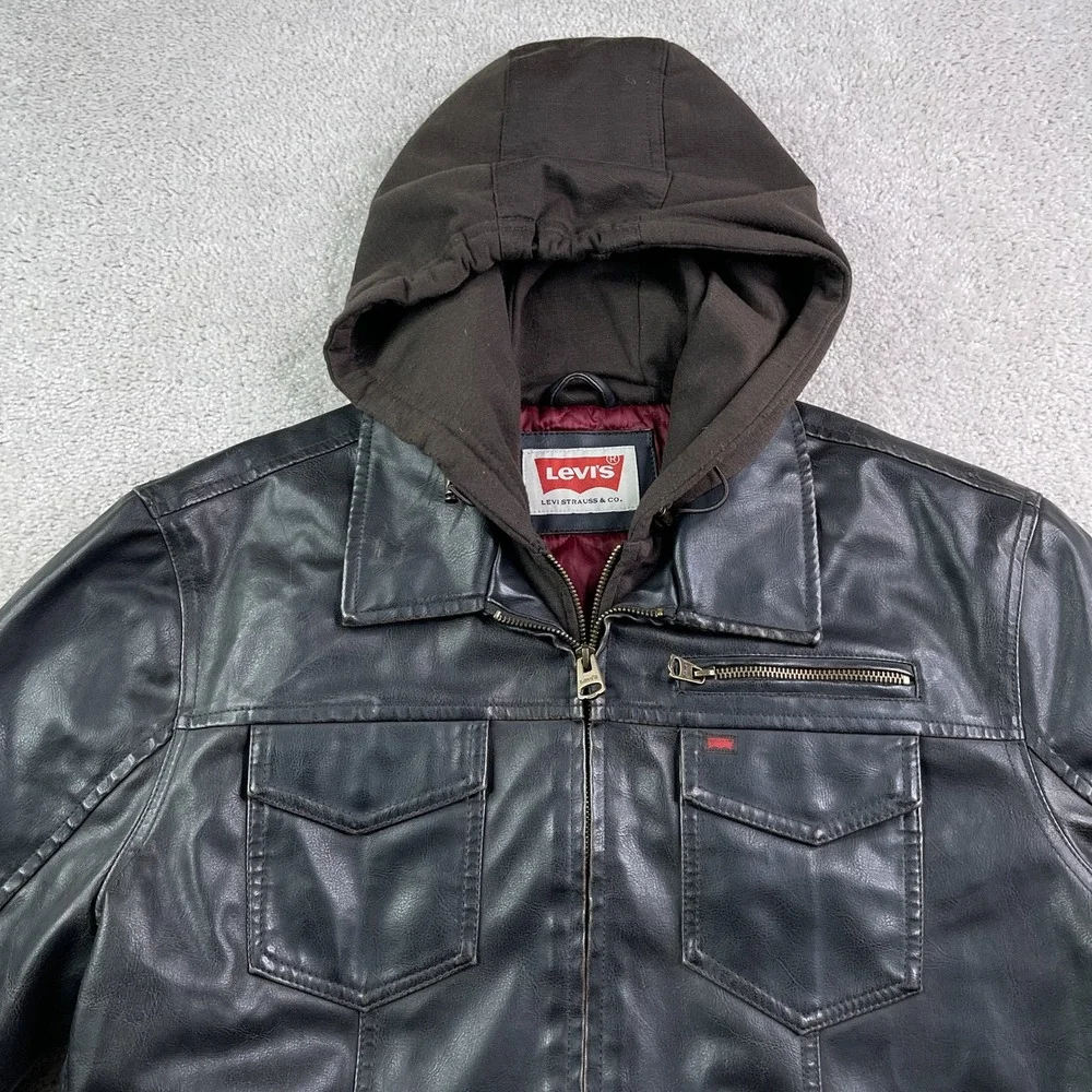 Levis Jacket Mens Large Brown Faux Leather Hooded Moto Biker‎ Quilted Lined Coat